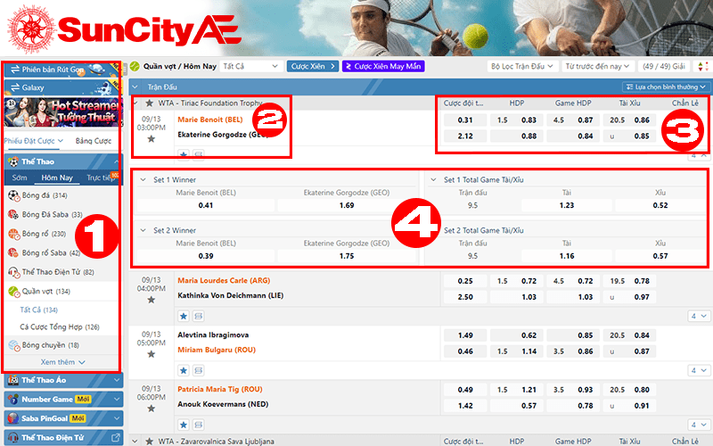 Cách xem giao diện cá cược tennis tại SUNCITY