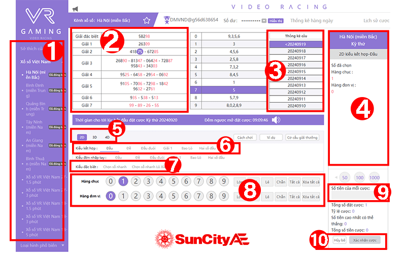 Hướng dẫn xem giao diện đặt cược xổ số Miền Bắc tại SUNCITY