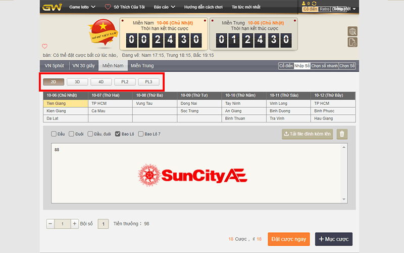 Các hình thức đặt cược xổ số miền nam online tại SUNCITY